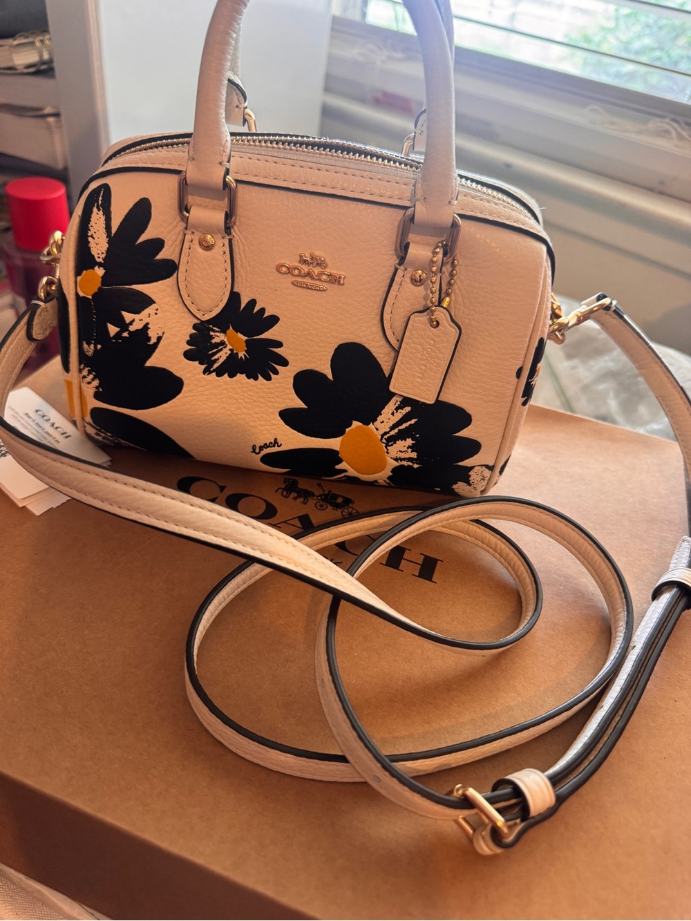 Coach White Floral Mini Crossbody Satchel with Yellow Accents